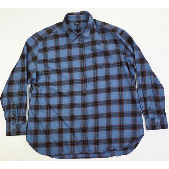 Uniqlo Size XL Womens Blue Brown White Trim Plaid Flannel Long Sleeve Shirt - Picture 4 of 10
